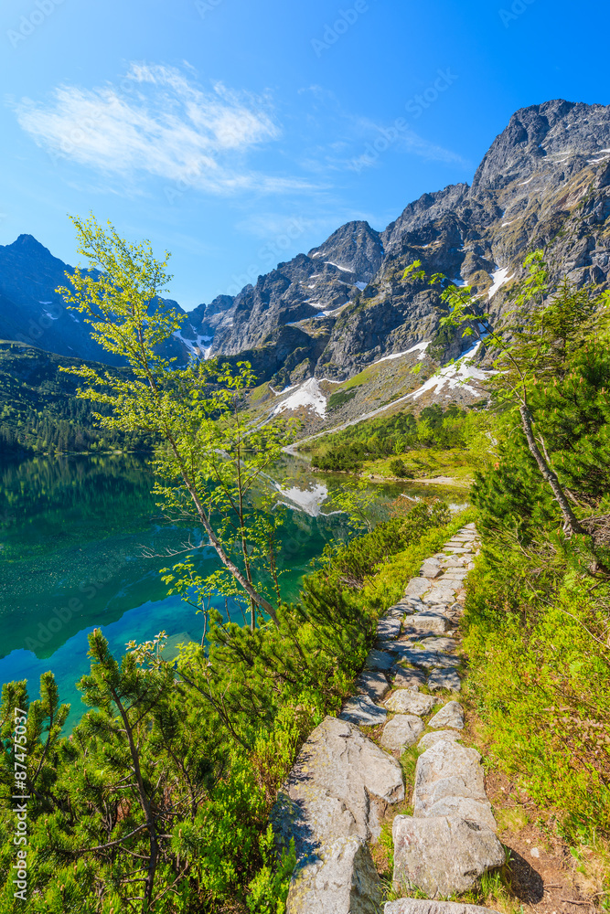 Path along beautiful green water Morskie Oko lake, Tatra Mountains, Poland