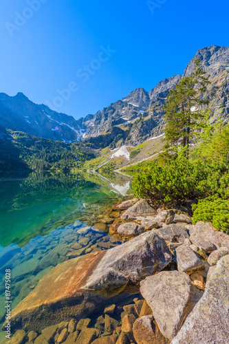 Rocks in beautiful green water Morskie Oko lake, Tatra Mountains, Poland