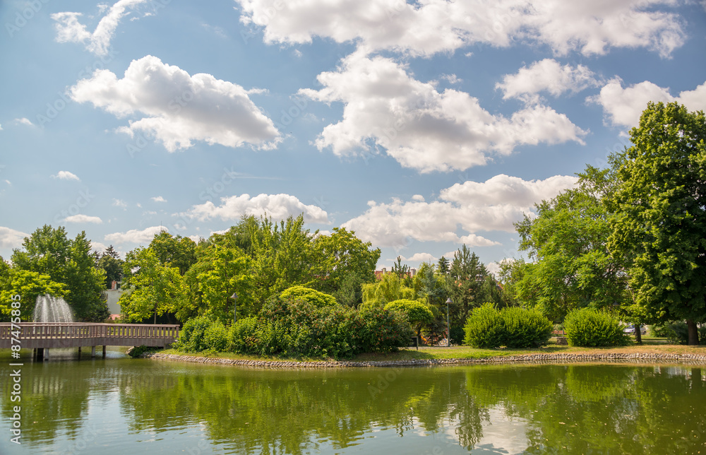 Naklejka premium Summer city park with small pond