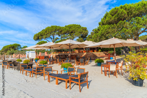 Beach bar on sandy Palombaggia beach  Corsica island  France