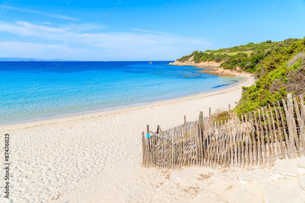 Beautiful white sand beach Grande Sperone with azure sea water, Corsica island, France