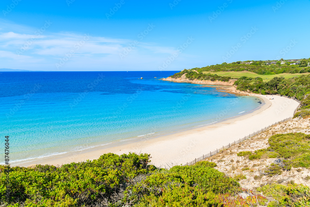 View of beautiful white sand beach Grande Sperone with azure sea water, Corsica island, France
