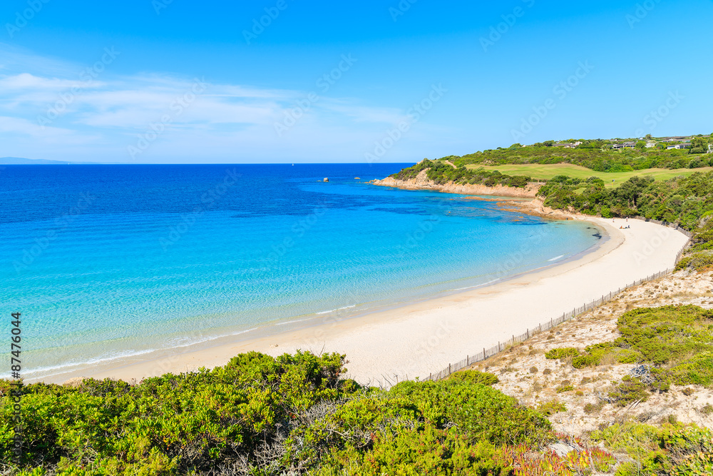 View of beautiful white sand beach Grande Sperone with azure sea water, Corsica island, France View of beautiful white sand beach Grande Sperone with azure sea water, Corsica island, France