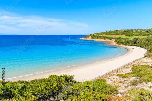 View of beautiful white sand beach Grande Sperone with azure sea water  Corsica island  France