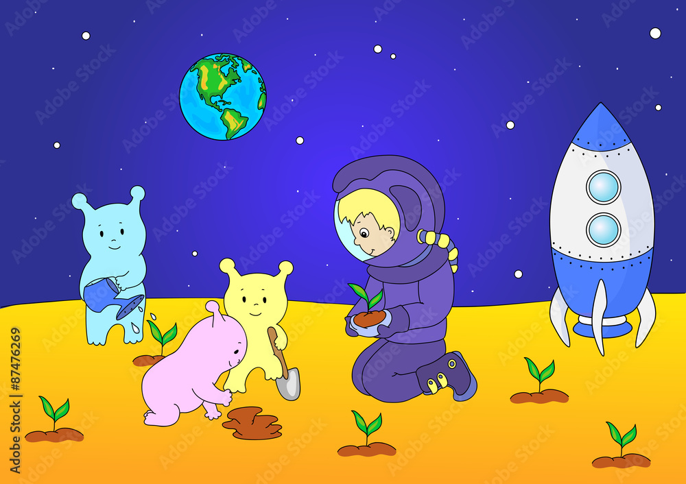 Cute and friendly aliens and astronaut watering the plants on th