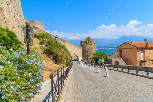 Street from citadel building in Calvi town leading to port, Corsica island, Fran Fototapet