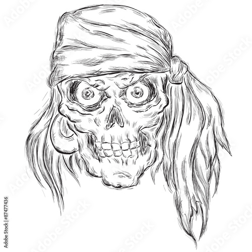Pirate holding bottle of rum. Hand drawn scull illustration with space for text
