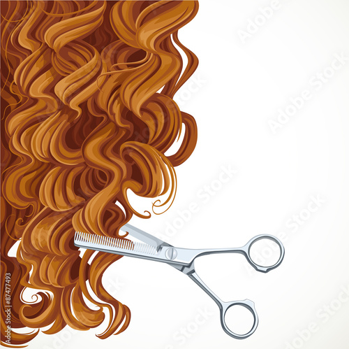 Background with scissors equals curly brown hair
