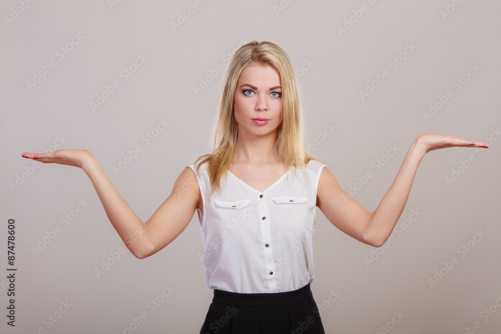 Woman holding open palm showing copy space Woman holding open palm showing copy space