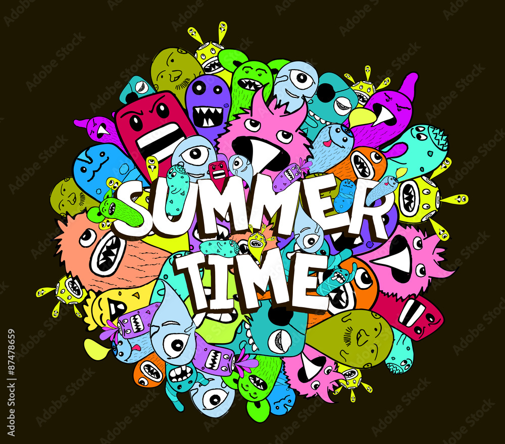 Fototapeta premium Hello summer doodle hipster colorful background