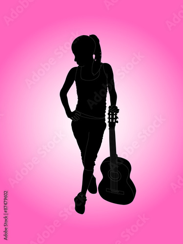 woman with guitar on pink background - vector