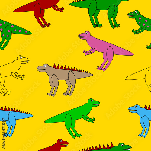 Dinosaurs seamless pattern on yellow background - vector illustration.