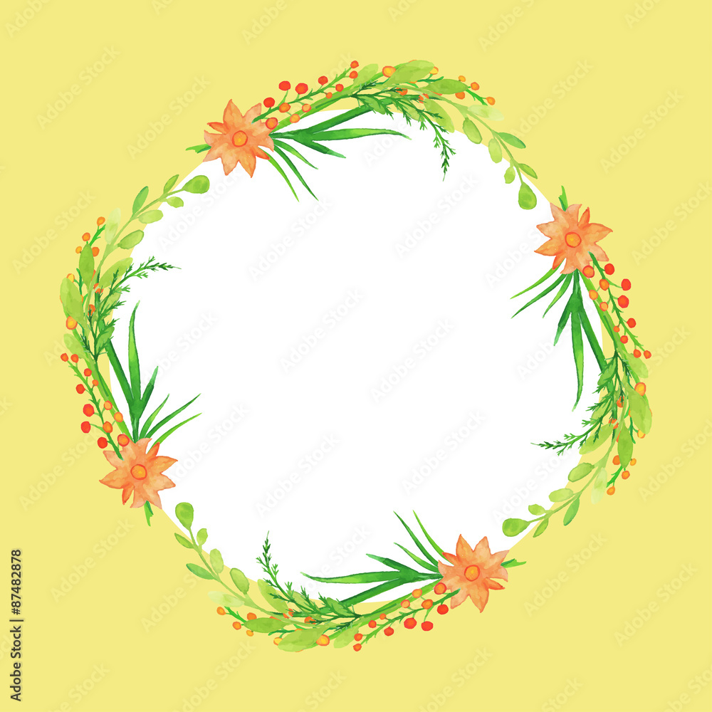 Watercolor wreath of flowers, leaves and branches Watercolor wreath of flowers, leaves and branches