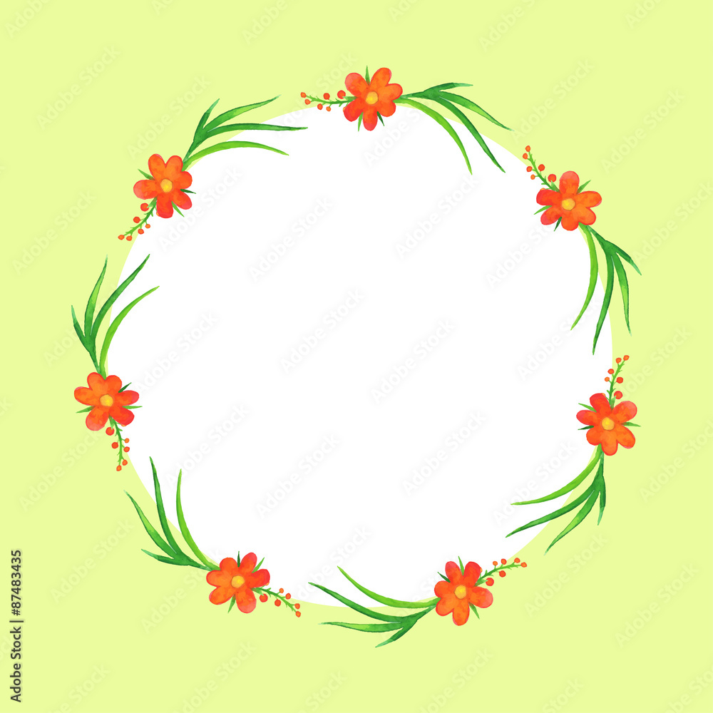 Watercolor wreath of red flowers and leaves Watercolor wreath of red flowers and leaves