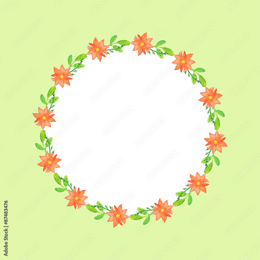 Watercolor wreath of small red flowers and leaves