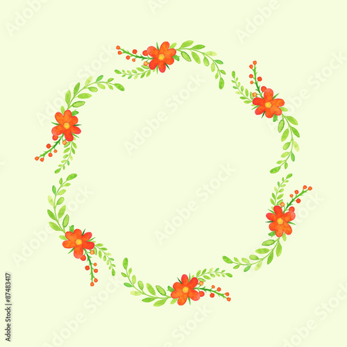 Watercolor wreath of red flowers and leaves