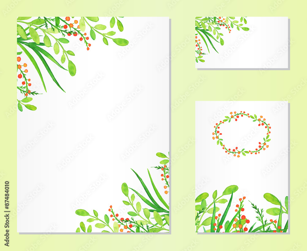 Vector set of invitation template cards with watercolor leaves and berries