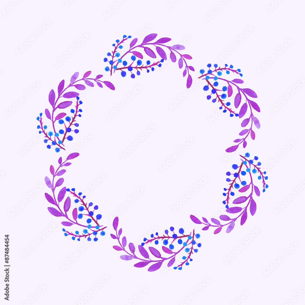 Watercolor wreath of leaves and small blue berries