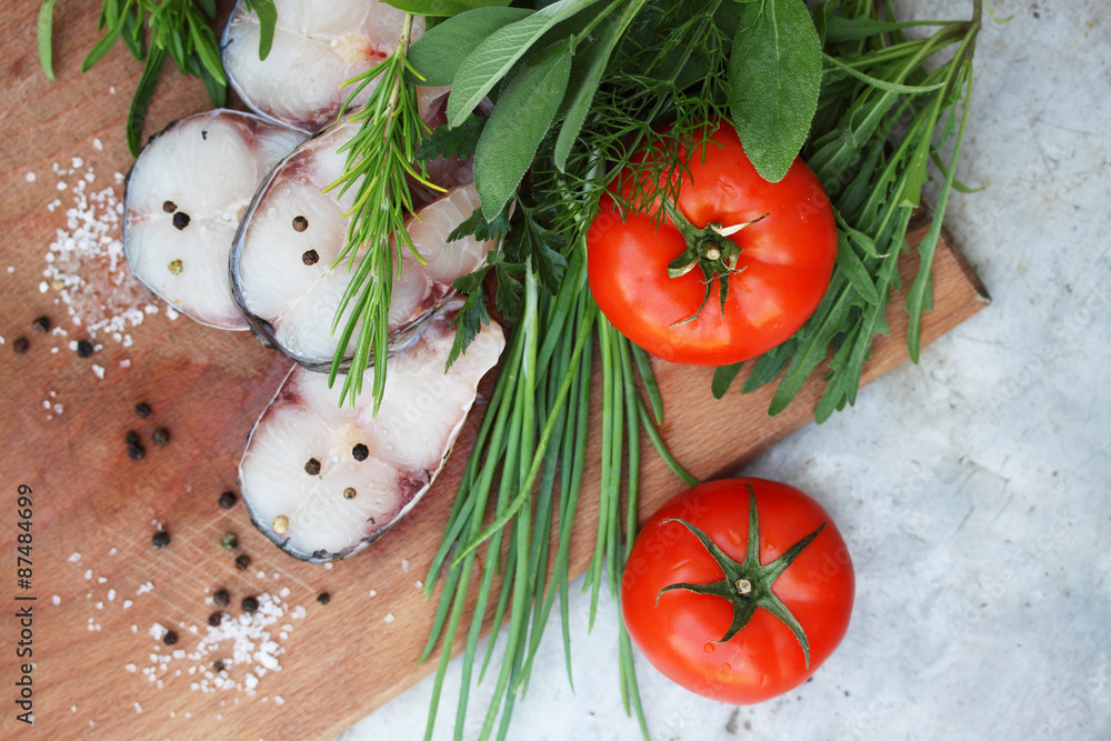 Raw steaks fish carp, top view Raw steaks fish carp, top view