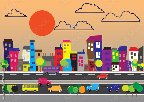 City transport with buildings and cars background.