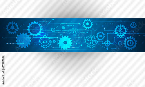 Vector Abstract futuristic, Stripe line printed circuit board pattern with gear wheel and arrow symbol on blue color background. Light gray color background with blank space for design