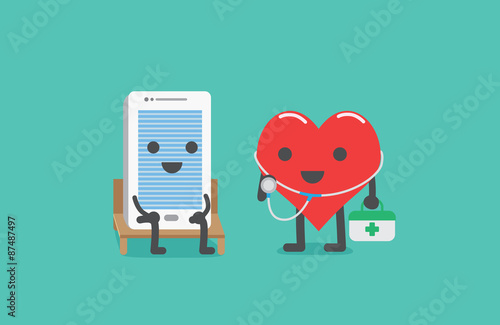 Smartphone sit on a chair for checking heath with heart technician carrying first aid box for maintenance. It moblie phone care concept