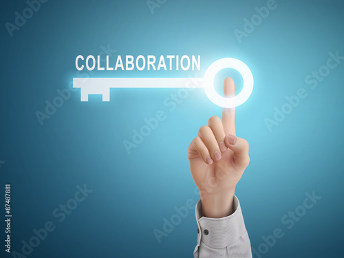 male hand pressing collaboration key button