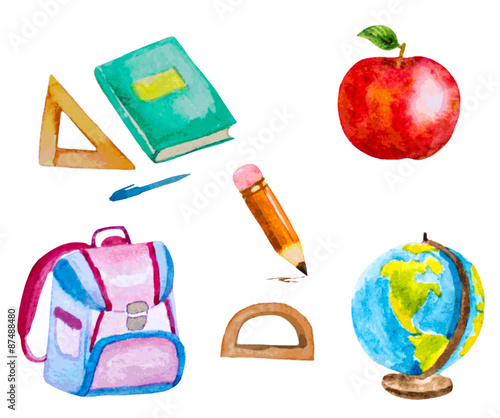 set of vectorized watercolor school items photo