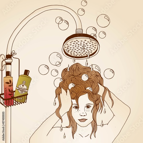 Handgezeichnete Frau beim Haare Waschen