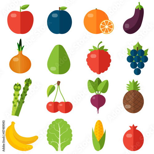 Fresh fruits and vegetables flat icons set. 