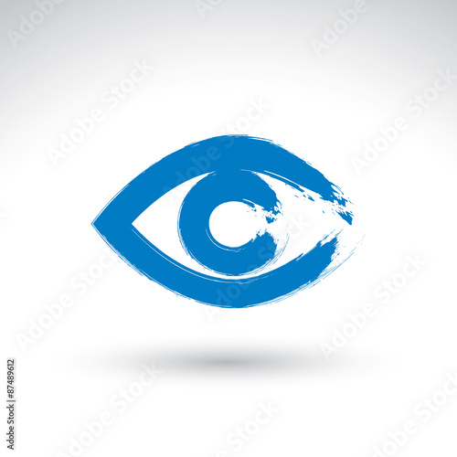 Hand drawn human eye icon, brush drawing blue medicine sign, ori