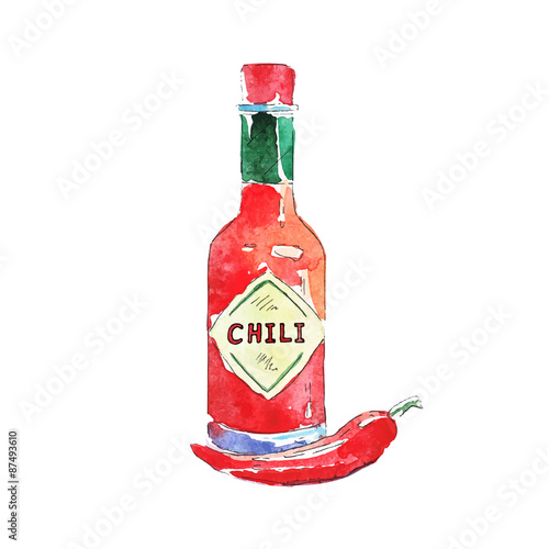 Bottle of chili sauce. Watercolor illustration.  