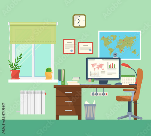  Creative office room interior with map and window.