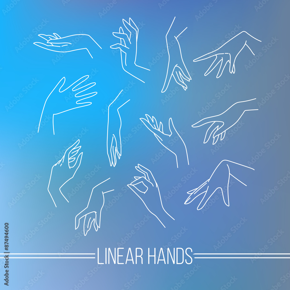 Set of vector icons of linear mapping graceful female hands