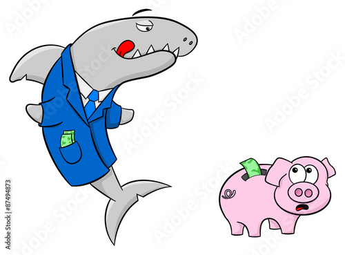 lächlender Finanz Hai und verängstigtes Sparschwein