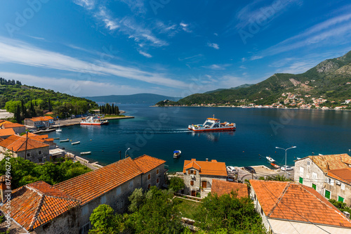 Montenegro seashore, Bay of Kotor / Beautiful landscape with Lepetane town ,sea and mountains. Montenegro