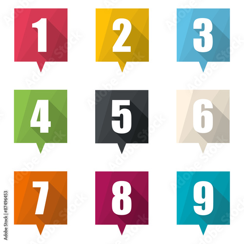 Set of numbers pin marker. Flat Icons with long shadow.