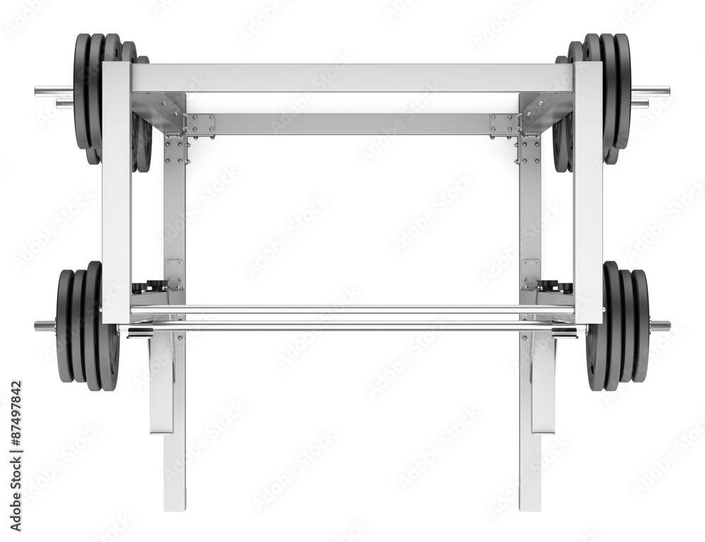 top view of gym half rack with barbell isolated on white backgro top view of gym half rack with barbell isolated on white backgro
