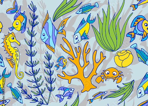 Seamless pattern with different tropical fish and coral