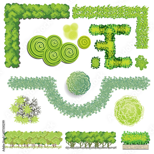 Trees and bush item top view for landscape design, vector icon