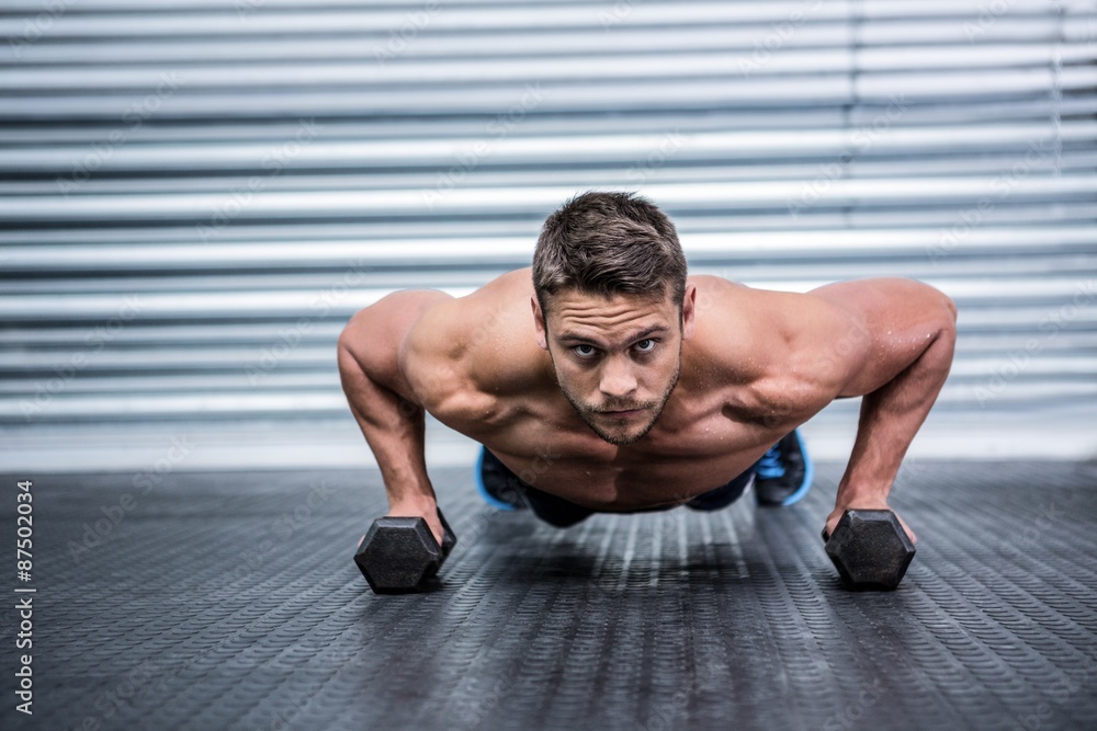 Portrait of muscular man doing push-ups with dumbbells Portrait of muscular man doing push-ups with dumbbells