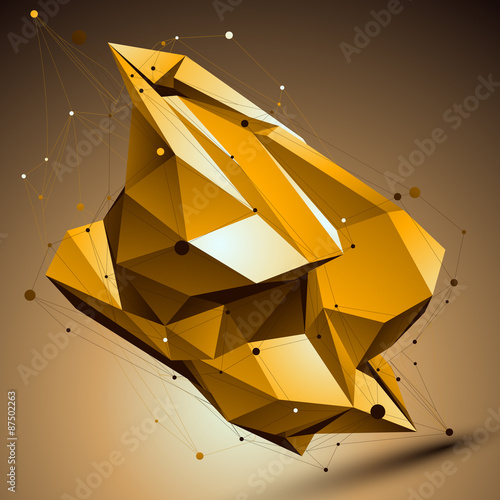 Gold spatial technological shape, polygonal wireframe object 