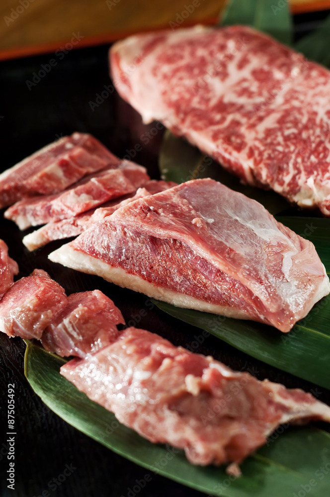 Raw fresh marbled veal slices. Japanese Kobe beef meat