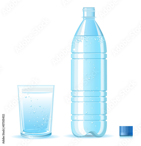 Bottle of clean water and glass with splashing isolated on white