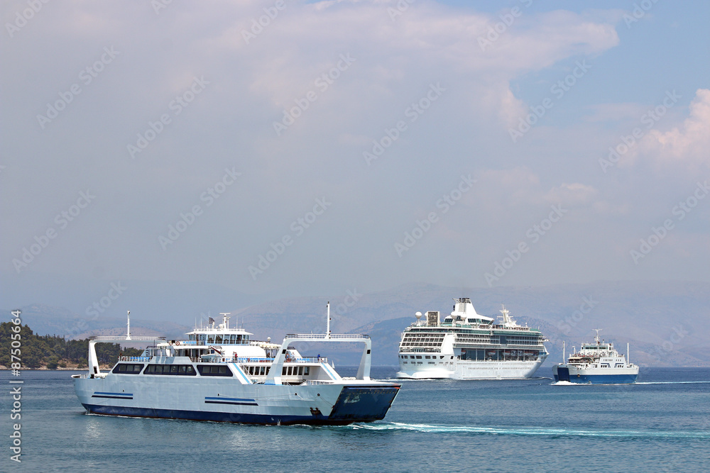 ferry boats and cruiser Corfu island Greece ferry boats and cruiser Corfu island Greece