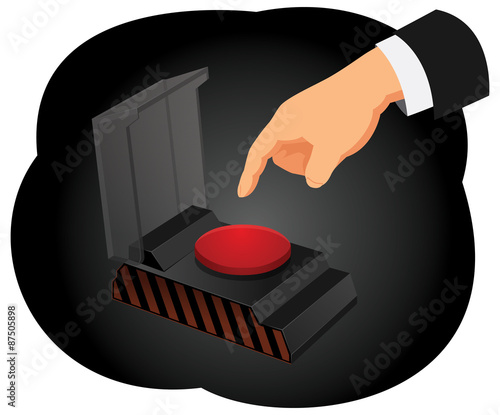 Hand of a businessman is waiting to push a red alarm button