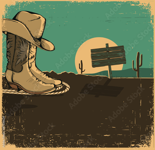 Western illustration with cowboy shoes and desert landscape on o
