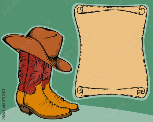 western background with cowboy boots and hat.Vector color illust
