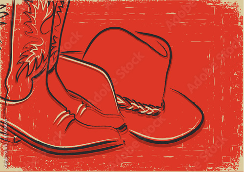 Cowboy boots and western hat .Sketch illustration on red backgro