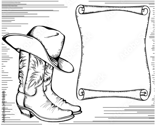 western background with cowboy boots and scroll for text.Graphic